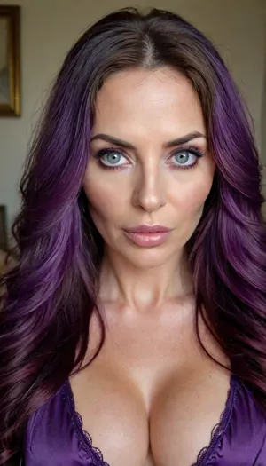 mature, raunchy, milf, long purple wavy hair, facial wrinkles, skinny, busty, serious, evil, bright eyes, symetric eyes, perfect eyes, beautiful eyes, looking into camera, bmbplora, <lora:bimboxl_02:1>