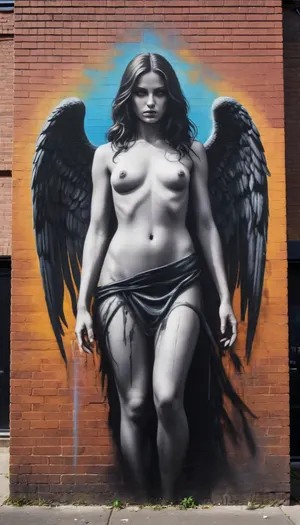 Street Art, Mural, Spray Paint, Tones of Black, High Contrast, Ultra-HD, Angelic, Evil, Powerful, Natural Lighting, Reflective, Polished, Brick, Aerosol
