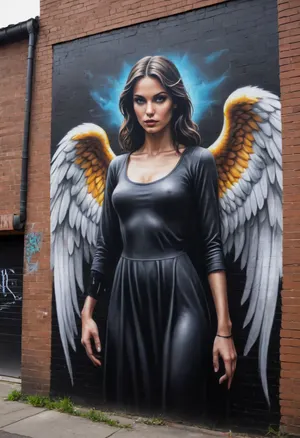 Street Art, Mural, Spray Paint, Tones of Black, High Contrast, Ultra-HD, Angelic, Evil, Powerful, Natural Lighting, Reflective, Polished, Brick, Aerosol