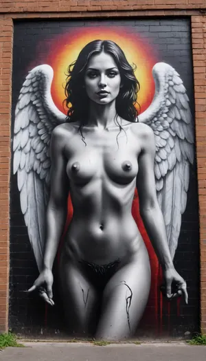 Street Art, Mural, Spray Paint, Tones of Black, High Contrast, Ultra-HD, Angelic, Evil, Powerful, Natural Lighting, Reflective, Polished, Brick, Aerosol