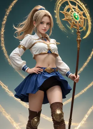 1girl, solo, blonde hair, long hair, high ponytail, blue ribbon, green eyes, smiling, confident expression, fantasy mage outfit, white crop top, gold ornate chest decoration, navel exposed, blue short skirt with gold trim, black shorts under skirt, brown thighhigh boots, white boot cuffs, gold knee guards, small staff on belt, magic circle background, green gradient background, dynamic pose, hand on hip, skirt lift by wind, detailed anime style, vibrant colors, high quality, masterpiece