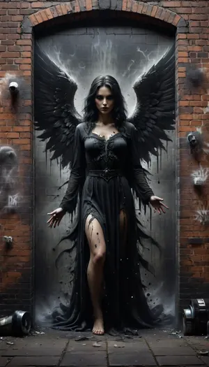 Street Art, Mural, Spray Paint, Tones of Black, High Contrast, Ultra-HD, Angelic, Evil, Powerful, Natural Lighting, Reflective, Polished, Brick, Aerosol, ais-darkpartz, dark, fantasy, <lora:Dark_Particles_Style_SDXL:2>, <lora:dark_fantasy_art:2>