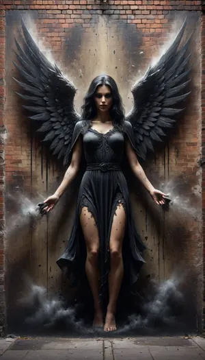 Street Art, Mural, Spray Paint, Tones of Black, High Contrast, Ultra-HD, Angelic, Evil, Powerful, Natural Lighting, Reflective, Polished, Brick, Aerosol, ais-darkpartz, <lora:Dark_Particles_Style_SDXL:.8>
