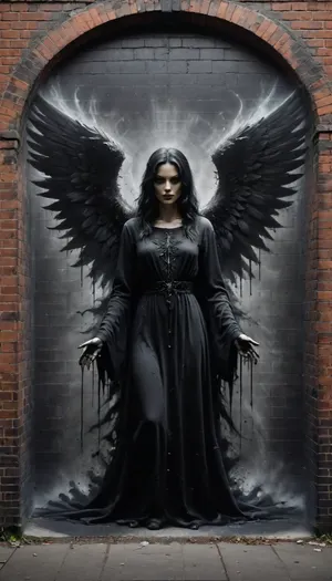 Street Art, Mural, Spray Paint, Tones of Black, High Contrast, Ultra-HD, Angelic, Evil, Powerful, Natural Lighting, Reflective, Polished, Brick, Aerosol, ais-darkpartz, dark, fantasy, <lora:Dark_Particles_Style_SDXL:2>, <lora:dark_fantasy_art:2>