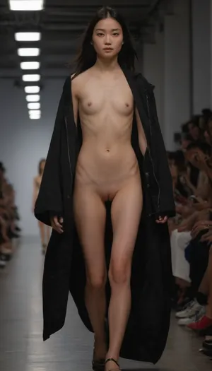 solo, 1girl, High Quality, masterpiece, expressed in every detail, slim tiny petite, pale skin, lean, big peachy ass, (very undeveloped nonexistent flat chested:1.7), a sexy Singaporean student whore, very very long black hair with centre-parting, she is walking down a fashion runway stage, cameras flashing, pantyless, ((oversized streetwear jacket)), (defined female 6-pack abs), ((nipslip, nipple slip)), erotic happening, confident walk, exciting erotic angles