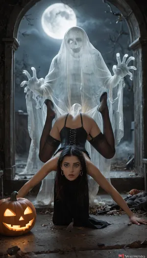 Pumpkin Jack, Jack-o'-lantern, Halloween, Abandoned crypt, mist, night, aether cock, gothic girl, pubic hair landing strip, medium breasts, blue eyes, corset, choker, garter belt, stockings, dress, ghost cock, flying ghost cocks, wet body, on all fours, push ass up, ghost, Dead hands sticking out of the ground, transparent cock, five cocks, cocks flying around the girl, double penetrations, spread legs, legs up, gangbang ghost, transparent, transparent entities, person, <lora:ghosts person 1a:1.5>, <lora:Aether_Ghost_v1.1_LoRA:1.6>, JackSkellington1024, <lora:JackSkellington1024:.8>