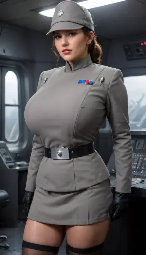 (5girls:1.9), (group of women:1.9), (4, 5, 6, 7 women:1.5), several women officers, standing side by side, view from side, (wearing a female imperial officer grey uniform with Extremely massive breast bulge, officer cap, Micro mini skirt, stockings:1.5), she has her hair in a bun, super busty hourglass figure, (super massive breasts:1.3), (deep cleavage:1.6), Tight waist, super wide huge hips, Slightly chubby, (hands behind back:1.3), in a sci-fi ship control room, dark interior, (huge window showing star wars ships outside:1.2), large glass window, cinematic, film grain, (cinematic still), 20mm photograph, film, 4k, highly detailed, (atmosphere), (haze), soft ambient lighting, huge, breasts, massive, Imperial, officer, wearing, a, (color), uniform, TIE, fighter, <lora:bboobs-000005:2>, <lora:SDXL_MassiveCowsLoRA_v1:1.2>, <lora:Imperial Officer:.2>, <lora:TIE fighter:.6>