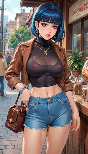 (reiq style:1), Blue Hair full bangs Bob cut, ((professional strong makeup)), ((detailed see through)), big breasts, (Brown leather Jacket), ((see through:1.5), black turtleneck sweater), (open:1), Low Rise Denim Shorts Sexy Cut Off Mini Hot Pants, (small purse), earrings, rings, necklace, bracelet, ((midriff)), perfect Ass, ((dynamic seductive pose)), seductive, ((in Public outdoor)), cafe setting, from front, ((exposing small blue pubic hair, small pussy)), pulled down shorts

Melkor Mancin artstyle, score_9, score_8_up, score_7_up, <lora:LCMTurboMix_Euler_A_fix:.6>, <lora:cartoon_stickers_xl_v1:.8>, <lora:ratatatat74-000050:1.3>, <lora:detailed_notrigger:2>, <lora:add-detail-xl:2>