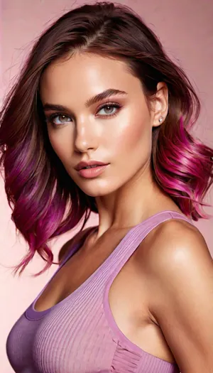 Create a ultra high-definition full-body portrait of a strikingly beautiful woman with an alluring, confident expression. FACIAL FEATURES & EXPRESSION, Sharp, chiseled facial structure with perfectly sculpted cheekbones and a defined jawline. Large, luminous eyes with a seductive, confident gaze directly toward the viewer. Perfectly shaped arched eyebrows. Full, luscious lips with a subtle, confident smirk. Flawless, porcelain-like skin with a soft, radiant complexion and subtle highlights on cheekbones and nose. HAIR, Shoulder-length to mid-back length flowing hair in a vibrant gradient of pink and purple tones, blending from hot pink roots to deep purple ends. Voluminous waves with lustrous shine. Half of the hair swept over one shoulder, creating an elegant frame around the face, while the other side flows freely down the back.

MAKEUP, Expertly applied makeup featuring smoky eye shadow in complementary purple and pink tones, subtly matched to the hair color. Defined winged eyeliner. Well-blended contouring enhancing facial structure. Natural yet glamorous lip color.

BODY & POSE, Seated position with one arm raised behind the head in a relaxed, confident pose. The other arm rests casually. Lean, toned physique clearly visible. Positioned at a three-quarter angle showing depth and dimension.

CLOTHING, Fitted, minimalist grey ribbed crop top or sports bra that hugs the body perfectly, showing defined waist and midriff. Grey ribbed or fitted shorts/bottom matching the top, sitting at natural hip height. Minimal, sleek jewelry, a delicate bracelet visible on one wrist.

CAMERA & PERSPECTIVE, Shot from mid-torso up to just above the head, professional studio-style composition. Slight angle from above to accentuate facial features and body contours. Shallow depth of field with sharp focus on the subject, subtle soft background blur.

LIGHTING, Dramatic, modern neon-inspired lighting setup. Soft, cool-toned purple and pink accent lighting illuminating the face from the front and sides, creating a ethereal glow. Rim lighting around the hair creating a luminous halo effect. Subtle warm accent lighting catching the skin and clothing, emphasizing texture and dimension. Volumetric lighting with atmospheric effects. High-end professional photography lighting.

BACKGROUND & SETTING, Modern, minimalist interior setting with sleek architectural elements. Soft, blurred bokeh lights in purple and pink tones creating depth. Contemporary urban environment with subtle geometric shapes. Clean, sophisticated aesthetic. Bright, well-lit atmosphere with tech-forward ambiance.

OVERALL STYLE, High-fashion editorial photography. Celebrity-quality portrait. Cinematic lighting. Professional commercial photography standards. Ultra-realistic, highly detailed, photorealistic rendering. 8K quality.