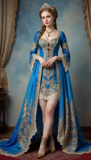 Full-length portrait of a Russian beauty in a national costume, lace filigree of bright, saturated color. Very clear, highly detailed watercolor, glaze technique, as well as colored alcohol ink in the style of V. Vasnetsov. She lifts the hem of her dress with her hands, revealing blue lace panties, ((that have dropped to her knees)), . Ultra-high detail, photorealism and crystal clear 32 KB resolution allow you to create a true masterpiece. Full-size image, including boots