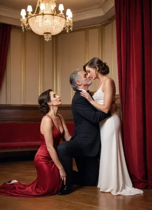 A mature woman in a gala dress kneels in front of a mature man in a tuxedo, the man leans his shoulder against the wall, blowjob, in a corner of the dance hall, red curtains.