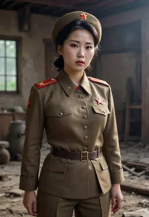 North Korean woman, north korean communist army attire, exposed pussy, torn and ripped clothing