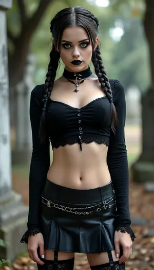 View from thighs up of huge breasted 19 age adult Wednesday Addams standing in a dark graveyard wearing black panties, interested, gorgeous, 19 years old, huge firm erected perky firm breasts, pierced hard erected small nipples, very tight fitting 80 percent transparent black cropped button shirt, extremely short black school mini skirt showing lace thong, expressive eyes, curtain bangs, black braided hair, long eyelashes, eyeliner and mascara, black lipstick, black thigh high woolsocks, black converse sneakers, narrow black leather choker, navel piercing, pierced belly button, chrome ammo belt low on waist, ar, subtle alluring horny smile, dark graveyard background, but, <lora:MJ52:2>, <lora:add-detail-xl:2>, <lora:BUT_SDXL_SHS:.3>