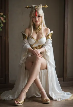 genshin, ningguang, cosplay, Clothing restoration, full body portrait, smiling eyes, sit with legs crossed