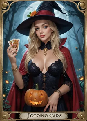 Tarot legendary card.
A tall slender very beautiful witch in black laces transparent dress, cleavage, very long blonde hair, slutty smile, small witch hat, High detail, excellent image quality, big meaningful blue eyes, long fake eyelashes, perfect hands, very big lips glossy red, color eyeliners, ultra heavy makeup, alchemist laboratory, night, moonlight, standing near the table, black cat, Halloween pumpkin lantern, (tarot cards:1.7), candles, open red cloak, sapphire necklace, golden bracelets, reiq style, <lora:detailed_notrigger:.7>