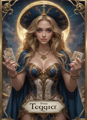 Tarot legendary card. Detailed decorated golden frame., (Five golden star rating), .
A tall slender very beautiful witch in black laces transparent dress, cleavage, very long blonde hair, slutty smile, small witch hat, High detail, excellent image quality, big meaningful blue eyes, long fake eyelashes, very big lips glossy red, color eyeliners, ultra heavy makeup, night, moonlight, black cat, Halloween pumpkin lantern, (tarot cards:1.9), candles, open red cloak, sapphire necklace, golden bracelets, reiq style, <lora:detailed_notrigger:.7>