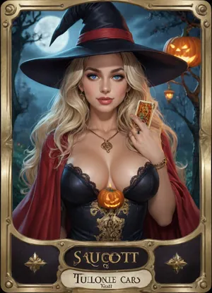 Tarot legendary card. Detailed decorated golden frame., A tall slender very beautiful witch in black laces transparent dress, cleavage, very long blonde hair, slutty smile, small witch hat, High detail, excellent image quality, big meaningful blue eyes, long fake eyelashes, very big lips glossy red, color eyeliners, ultra heavy makeup, night, moonlight, black cat, Halloween pumpkin lantern, (tarot cards:1.9), candles, open red cloak, sapphire necklace, golden bracelets, reiq style, <lora:detailed_notrigger:.7>