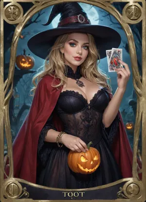 Tarot legendary card Blonde Witch. Detailed decorated golden frame, gothic card title, A tall slender very beautiful witch in black laces transparent dress, cleavage, very long blonde hair, slutty smile, small witch hat, High detail, excellent image quality, big meaningful blue eyes, long fake eyelashes, very big lips glossy red, color eyeliners, ultra heavy makeup, night, moonlight, black cat, Halloween pumpkin lantern, (tarot card:1.9), candles, open red cloak, sapphire necklace, golden bracelets, reiq style, <lora:detailed_notrigger:.7>