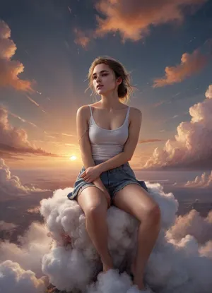 Art by WLOP, Cushart, Carne Griffiths, a young woman sitting on a cloud, dreamy atmospheric lighting, ethereal, serene, captivating composition, beautiful color palette, rough brushstrokes, sunset, above the clouds, dark, theme, <lora:nLora_XL:.8>, <lora:NaturalBodyV2.0:1.5>, <lora:Hegre-Nude_woman-000001:.8>