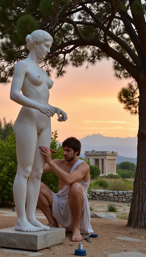 An ancient Greek sacred grove at sunset. Centuries-old laurel trees surround, (a marble statue of the goddess Aphrodite, which is being created by an ancient Greek sculptor dressed in a chiton:1.2), (he is creating the statue with a chisel in his hands:1.4), with tools lying nearby. In the background, the facade of a small Doric temple is visible. A stone stream murmurs nearby. The sky is painted in warm orange and pink tones. Classical style, detailed drawing, epic landscape. Detailed image, high resolution, 8K, dynamic movement of the work at the moment, correct lighting for this work.