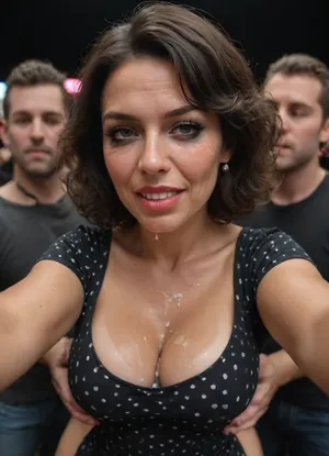 (Gilf:1.1), (mature:1.3), (wrinkles:1.2), (bimbo makeup:1.2), (ruined makeup:1), (curvy), medium breasts, (black hair), (thick hair:1.2), short hair, (seductive look:1.2), (flirting:1.2), dark lipstick, (sharp facial features:1.2), (large full lips:1), (wide jaw), big eyes, (black dress), white dots, (polka dot print dress), (short sleeve dress), bodycon dress, (black background:1.3), (cum on cleavage), (pov dancing:1.2), wide angle view, (face view:1.3), (face close-up view:1.2), front view, standing, neon lights, dancing people around, thick crowd, (sweaty), (tan_lines), (taking selfie), arms down, (facial:1.4), (cum on face:1.3), (cum dripping on breast:1.2), (cum overflow:1.1), laughing, (upper body view:1.2), cuckold, (kiss me face:1.2), (drunk:1.2)