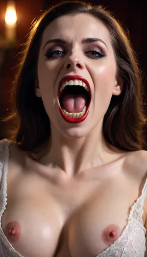 Nude vampire woman, White teeth, big vampire fangs, open blouse, fake tits, <lora:Mistress_of_the_night-000016:1.4>