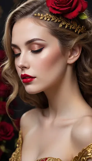 A mesmerizing close-up of an elegant woman with intricate golden designs adorning her face, creating a luxurious and ethereal look. Her eyes are closed, framed by long, delicate eyelashes, and her lips are painted a bold red with hints of gold shimmer. She gently holds a vibrant red rose, its petals tinged with a metallic gold sheen, as if in deep admiration of its beauty. Her hair flows gracefully in soft shades, complementing the dark, dramatic background, while the composition exudes a sense of romance, mystery, and opulence