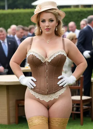 two Naked 58 yo. British bbw gilfs posing together in public outdoor, anatomical correct, perfect composition, detailed eyes, (nude:1.5), (smooth pussy:1.5), (((excessive gold jewelry))), (((talking on cell phone))), (((cute FACE))), (big extreme sagging breasts:1.5), alluring, lusty, slutty, lubricant, (((embarrassed, sobbing, crying, feeling fucked))), (((necklaces))), (((bracelets))), (((rings))), (((belly chain))), (((pussy jewelry))), (lace colored stockings:1.5), (((elegant hat))), (((lace gloves to shoulders))), (tight corset:1.5), plump figure, (((elaborate gold jewelry))), (((ankle bracelet))), (((high platform heels))), (((candid))), (((looking at viewer))), (((big earrings))), (((mounted gemstones))), (oiled glossyshiny skin:1.4), (((wide hips, big butt))), elaborate hairstyle, flat soled shoes, (((standing in the Royal Ascot))), (back view), frontal view, amateur, professional, flareminidress, natural sun light, SSS, subsurface scattering, HDR, 16k, photo-realistic, RAW, award-winning photo