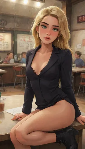 Andava, Andavaverse, Emily Sitting Inside a cafe Watching For A Latte.

EMILY AUSTIN, Israeli-American, age 24, Height 5'8.

A beautiful young woman with an oval face shape, softly contoured cheeks, and a refined jawline that tapers to a smooth chin. Smooth, luminous skin with a warm tone. Almond-shaped hazel-green eyes, long natural eyelashes, subtle eyeliner, and soft neutral eye makeup. Full, well-groomed eyebrows with a natural arch. Straight, narrow nose with a gentle slope and softly rounded tip. Full, glossy lips in a natural rose-pink tone, with a defined cupid’s bow. Medium-sized ears with small gold hoop earrings. Long, straight golden-blonde hair with soft highlights, parted in the center, silky and flowing over the shoulders. Balanced, elegant expression, confident and poised.

wearing a fitted beige tailored blazer over a short black mini-dress, showcasing a sleek and modern fashion style. The blazer is buttoned at the waist, giving a sharp, structured silhouette. She has tall black leather high-heeled boots reaching just below the knee. Her hair is styled in a neat, elegant, and she has a poised, graceful posture with one leg slightly forward. Lighting is soft and professional, emphasizing the clean lines and textures of the outfit.

perfect anatomy, best quality, 8k, insane details, intricate details, hyperdetailed, hyper quality, high detail, ultra detailed, professional, HDR, ray tracing reflection, cinematic lighting, highlydetailedbody, realisticface, highlydetailedhair, insanelydetailed, 8K.highdetailedskin, highresolution, perfectfingers, (j_cartoon:1.5), Drawing, 4ng3l, face, <lora:SDXL_BetterFaces-LoRA_v1:1>, <lora:detailed_notrigger:2>, <lora:samdoesarts1.1-000030:.4>, <lora:J_cartoon:.3>, <lora:Animated_Concept:.4>