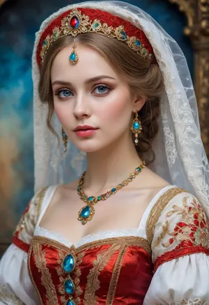 Portrait of a Russian beauty in national costume, lace filigree of bright, rich color. Super clear, highly detailed watercolor, glaze technique, plus colored alcohol ink, style of V. Vasnetsov