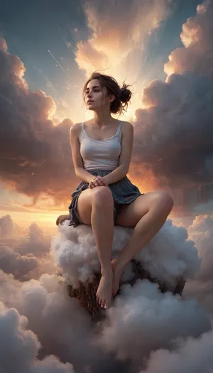 Art by WLOP, Cushart, Carne Griffiths, a young woman sitting on a cloud, dreamy atmospheric lighting, ethereal, serene, captivating composition, beautiful color palette, rough brushstrokes, sunset, above the clouds, dark, theme, <lora:nLora_XL:.8>, <lora:NaturalBodyV2.0:1.5>