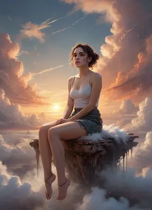 Art by WLOP, Cushart, Carne Griffiths, a young woman sitting on a cloud, dreamy atmospheric lighting, ethereal, serene, captivating composition, beautiful color palette, rough brushstrokes, sunset, above the clouds, dark, theme, <lora:nLora_XL:.8>, <lora:NaturalBodyV2.0:1.5>