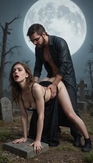 Score_9, score_8_up, score_7_up, masterpiece, best quality, maximum details, natural lighting, extreme realism, big tombstone slab, (1girl, 1man), goth girl, 19 yo, perfect eyes, glasses, eyes dark circle, eyes rolled up, sexy face, short girl, (((moaning 1.9))), orgasm, ((shoulder length brunette hair)), wavy hair, medium breast, red lipstick, pentacle necklace, full body, (straight, simple, leather gown with necline), one breast slipped from neckline, tit exposed, upskirt, black platform with uppers, side view, man behind girl, doggystyle, penetration, backshot, vaginal sex, looking on viewer, girl, vampire, gothic, scary, spooky, dark, cemetery, crosses, tombstones, full moon, Shiny, red, Bright..., Intense, gaze, Dbeauty, man with salt and pepper hair and beard, <lora:Halloween_Series_Scary_Vampire-000009:.8>, <lora:Stunning_eyes_2:.8>, <lora:Dead_Beauty:.8>