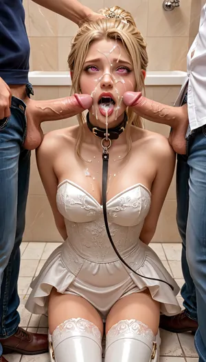high quality, detailed, detailed face, Blonde hair, ponytail hairstyle, slut girl, whore, ahegao, pink eyes, public bathroom, cum on face, cum in hair, cum in mouth, evening, gown, strapless, wedding dress, gangbang, breasts, deepthroat balls deep, thighhighs, black, cleavage, hands behind back, double penetration, slave, leash, video recording, helpless, collar, boots, <lora:JustCum:1>, <lora:fre:1>