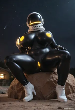 (mid angle view), ((no face)), 5 fingers, (big breasts, thick thighs, large ass, gigantic milf:1.15), ((black rubber skin:1.45)), ((mirrow astronaut helmet)), female, night, (naked, wearing white high heel boots:1.2), pussy, curvy figure, sitting on boulder, gloves, outie, navel, voluptuous body, (glowing white areola, nipples, glowing pussy:1.2)