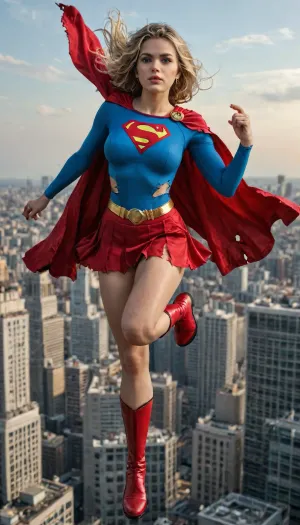 Super realistic 8k style, score_9, score_8_up, score_7_up, Supergirl, young adult and powerful superheroine, athletic yet feminine build, large bimbo breasts, shaved pussy, long blonde hair, piercing blue eyes, confident and determined expression. Wearing iconic Supergirl costume, blue fitted top with bold red and yellow 'S' emblem, red skirt, red cape billowing in the wind, red boots, golden belt, (torn and ripped suit:1.3), . Dynamic heroic pose, flying above a city skyline, bright sky and sunlight, cinematic, highly detailed, comic book style realism, epic atmosphere, <lora:detailed_notrigger:1>, <lora:add-detail-xl:.8>, <lora:LCMTurboMix_Euler_A_fix:.8>, <lora:677862_training_data:.8>