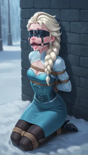 Elsa Frozen, blindfolded, fully clothed, 1girl, tied, tied arms, tied legs, solo, kneeling, cum on face, full body, outdoor, ring gag, open mouth gag