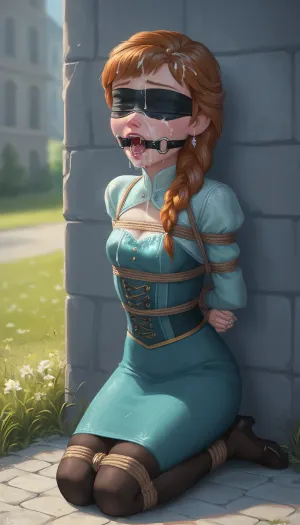 Anna Frozen, blindfolded, fully clothed, 1girl, tied, tied arms, tied legs, solo, kneeling, cum on face, full body, outdoor, ring gag, open mouth gag