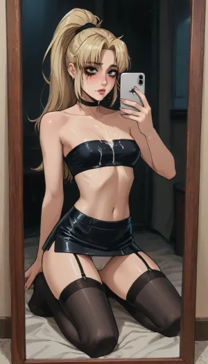 Score_9, score_8_up, score_7_up, reiq meets markgavatino art style, 20 year old party girl, (white wet panties), athletic body, slutty, black choker, (ruined smudged makeup:1.4), ((long_straight_blonde_hair in a high ponytail)), medium chest, puffy nipples, cameltoe, pawg, kneeling, ((taking a selfie)), full length mirror, (black leather tube-top), leather micro skirt, black stockings with garters, garters, ((exhausted)), (cum on face, cum on breasts, cum leaking from mouth), covered in cum, detailed background, cute, doodle, ratatatat74, <lora:cutedoodle_XL-000012:.8>, <lora:ratatatat74-000050:.8>, <lora:NEOTOKIOXL_0.2_RC:.8>, <lora:outline_xl_kohaku_delta_spv5x:.8>