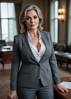 ultra-realistic, 8K HD, thick 60-years old woman, detailed face, detailed hair, deep grey eyes, large breasts, wearing business suit, cleavage, (tattooed:.5), full-length photo, looking to the viewer
