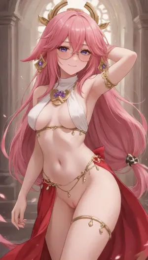 genshin, yae miko, strong blush, golden thin round glasses, long hair, micro belly dancer outfit, dancing, horny smile, pussy visible, <lora:outline_xl_kohaku_delta_spv5x:1.3>, <lora:NEOTOKIOXL_0.2_RC:.7>, <lora:Ppolar-P3v1-NbVp10:.7>, <lora:one breast out XL:2>, <lora:cartoon_stickers_xl_v1:.5>