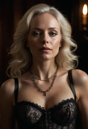 a vivid, accurate description of a hyper-realistic portrait of a 55 yo. woman who exudes confidence. Her platinum blonde hair cascades past her shoulders against a dark background. Inspired by Rembrandt's chiaroscuro, the lighting is meticulous and eye-catching. The editor's refined finish and ethereal glamour evoke timeless standards of beauty reminiscent of the Renaissance. Focus on the small to medium-sized breasts, which are accentuated when she kneels, revealing their full splendour. Her eyes are closed in ecstatic abandon, her mouth open in a silent scream of pleasure, as if she has been transported to a world of unbridled ecstasy. The dark make-up only adds to the attractiveness of her features, irresistibly drawing the viewer's eye to her face. Around her neck, a delicate and intricate lace corset adds a touch of sophisticated sensuality, while the BDSM necklace with a shiny toric joint is a powerful symbol of her unashamed submission. The overall effect is one of raw, unbridled desire, as if this woman has completely let go in the moment, surrendering to pure, unadulterated pleasure and the joy of being alive