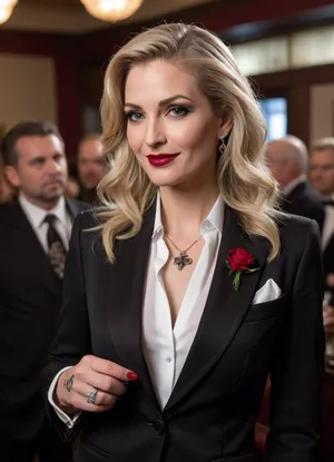50 years old woman, beautiful face, long blonde hair, dark red lipstick, light make-up, eyeshadow, smiling, long diamond earrings. In man's style black jacket, black trousers, white shirt and red tie. Masculine appearance of clothing. Black high-heeled shoes. Facial tattoo of Ace of Spades design on cheek. Standing in busy old-fashioned Gentlemen's club. only woman in image, talking to men in suits, numerous men in suits around the room. Bright lighting