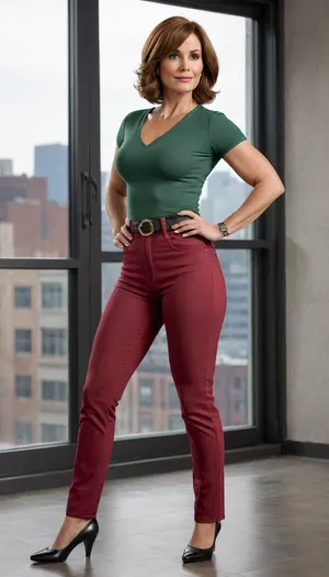 A highly detailed, photorealistic portrait of a mature woman, styled after the iconic character Helen Parr, capturing her confident and strong demeanor. She possesses a curvaceous and athletic figure, with a distinctly cinched waist that accentuates her naturally wide and full hips. Her muscular yet feminine physique is evident. She is wearing stylish, high-waisted denim jeans that hug her form, and a classic V-neck t-shirt in a rich, solid color, (like deep maroon or forest green), neatly tucked into her jeans. Her facial features are expressive and mature, with a warm yet determined gaze. Her eyes are a striking, bright amber color. Her dark, medium-length hair is styled in a sophisticated, slightly wavy bob. The lighting is soft and natural, highlighting her contours without harsh shadows. The background is a clean, modern urban loft space with large windows, providing a subtle city view.