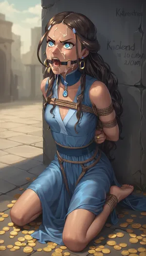 Gold coins, blue dress, angry, Katara, 1girl, tied, tied arms, tied legs, solo, kneeling, cum on face, full body, outdoor, ring gag, open mouth gag, price