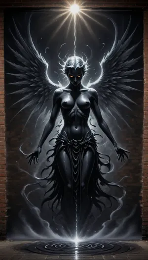 Street Art, Mural, Spray Paint, Tones of Black, High Contrast, Ultra-HD, Angelic, Evil, Powerful, Natural Lighting, Reflective, Polished, Brick, Aerosol, Dark, Fantasy, page, Fanmytwor, style, <lora:Dark Fantasy:2>, <lora:Fantasy World XL:2>, subatomic, <lora:Subatomic:.8>