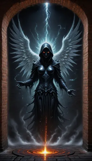 Street Art, Mural, Spray Paint, Tones of Black, High Contrast, Ultra-HD, Angelic, Evil, Powerful, Natural Lighting, Reflective, Polished, Brick, Aerosol, Dark, Fantasy, page, Fanmytwor, style, subatomic, <lora:Dark Fantasy:2>, <lora:Fantasy World XL:2>, <lora:Subatomic:2>