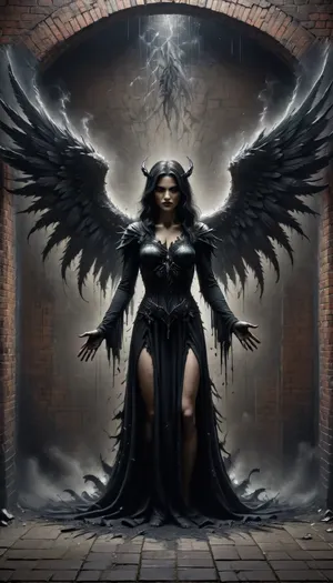 Street Art, Mural, Spray Paint, Tones of Black, High Contrast, Ultra-HD, Angelic, Evil, Powerful, Natural Lighting, Reflective, Polished, Brick, Aerosol, ais-darkpartz, dark, fantasy, Dark, Fantasy, page, Fanmytwor, style, <lora:Dark_Particles_Style_SDXL:2>, <lora:dark_fantasy_art:2>, <lora:181422_training_data:2>, <lora:Dark Fantasy:2>, <lora:Fantasy World XL:2>