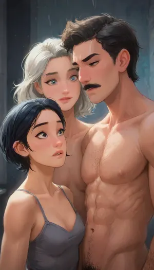 Andava, Andavaverse, Married Couple Getting Ready For The Morning When Pelo Unexpectedly Walks Into The Bathroom.

Mr Roth, Caucasian, Italian-American, Husband, muscular large superhero god tall body tall mature older senior man, Height 6'2, a stylized character with a powerful chiseled build. He has a square jaw, thick black mustache, and intense blue eyes. His short, dark hair is streaked with gray at the temples, styled neatly to enhance his authoritative look. His body is covered with a natural spread of chest and limb hair, emphasizing his masculinity. Defined abs, broad shoulders, and exaggerated muscular proportions give him an imposing, heroic presence, his design emphasizes raw strength, maturity, and dominance. A commanding figure blending rugged masculinity. He's a hardworking Dad of two 'Alexis and Pelo'.
And.
DYLAN KARURA ROTH, East-Asian, Korean, Wife, confident and mature petite middle-aged woman, Height 5'7, a stylized character featuring sharp mature facial features Fine lines and wrinkles Especially around the eyes and mouth smile lines and forehead, two-tone black hair with silver highlights sleek bob-cut hairstyle, and expressive bright-grey eyes, framed by thin-rimmed designer female glasses. Wearing victoria secret cyberpunk designer lingerie, accessorized with gold earrings and a jewelled choker and wedding ring. Her pose is poised and seductive relaxed, knowing smile and half-lidded eyes, blending professionalism with subtle sensuality. The character exudes authority and charm, with a slender yet athletic hourglass figure emphasizing elegance and confidence.She's hard working mom of two 'Alexis and Pelo'.
ANGELIA PELO ROTH, petite Daughter, Height 5'3, A confident young woman with wavy shoulder-length hair dyed in rich two-tone purple with slight magenta-highlights, parted slightly to the side, bright-grey eyes, is wearing purple top with black shorts, accessorized with gold earrings, She has a toned body, small breasts, athletic midriff exposed. She accessorizes with a black choker around her neck, a thick black sweatband on one wrist, Her expression is confident and playful, slightly smug or teasing.The aesthetic is alt-girl, modern streetwear with punk/grunge influence.

1boy, 2girls, size_play, height_difference, size_difference, weight_difference, husband on wife, dom_male, sub_female, grandfather on grandmother, perfect anatomy, best quality, 8k, insane details, intricate details, hyperdetailed, hyper quality, ultra detailed, professional, HDR, ray tracing reflection, cinematic lighting, highlydetailedbody, realisticface, highlydetailedhair, perfectfingers, insanelydetailed, 8K.highdetailedskin, highresolution, (j_cartoon:1.5), Drawing, uberfit, muscular, athletic, J., Jonah, Jameson, <lora:Older_woman-000008:1>, <lora:J. Jonah Jameson:1>, <lora:samdoesarts1.1-000030:.4>, <lora:J_cartoon:.3>, <lora:Animated_Concept:.4>