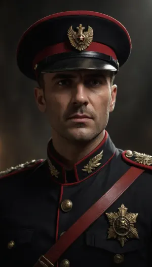 Male Commissar from Warhammer 40, 000, wearing a stern, dark military uniform without imperial insignia, authoritative and grim expression, battle-worn face with scars, futuristic dystopian war environment, detailed rugged armor, dramatic moody lighting, gritty and realistic style